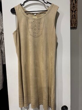 Max Studio Beige Laser-Cut Suede-Look Sleeveless Dress